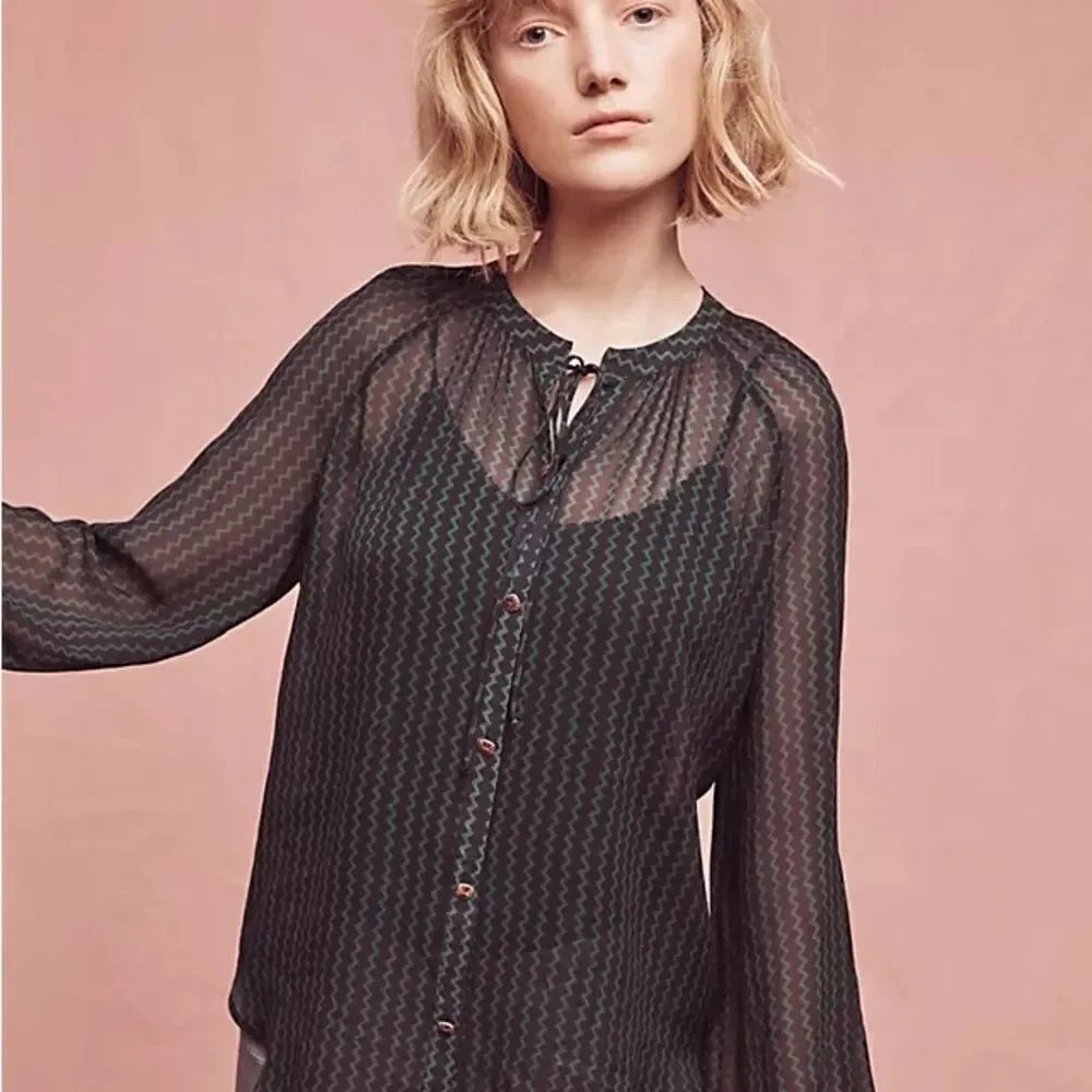 Maeve Anthropologie Black and Green Sheer Chevron Top